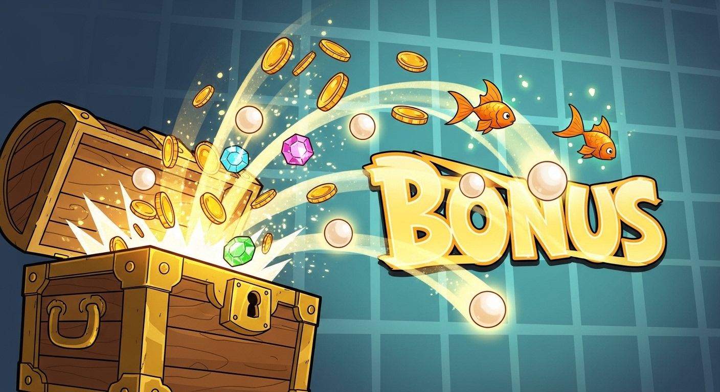 Vrolijke kleurrijke illustratie met peren, koralen en gouden munten, gelinkt aan Big Bass Bonanza bonus